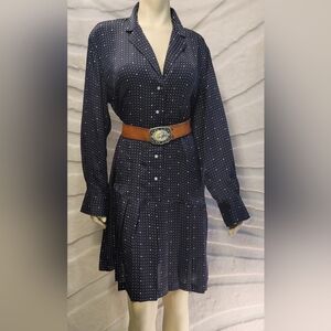 Free Assembly Pleated Drop Waist Button Navy White Polka Dot Shirt Dress Size XL
